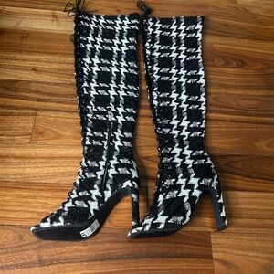 NY&C zendaya Houndstooth Over the Knee‎ Boots Lace Up Heel Textile Size 10